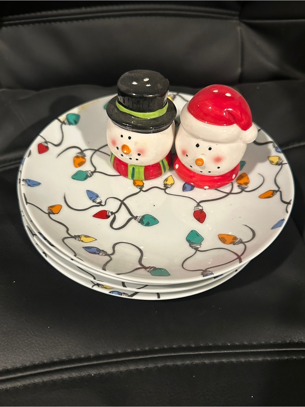 Vintage Pottery Barn Christmas plates and Snowman Salt and Pepper Shaker